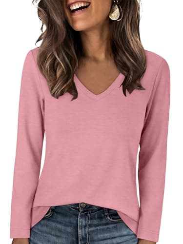 ANRABESS Women's Long Sleeve V Neck Shirts, Pink, L - Image 1