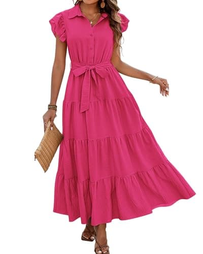 dowerme Women's Summer Casual Dresses 2026 Cap Ruffle Sleeve V Neck Button Belted Tiered Boho Maxi Dress with Pockets(Rose Red,Large) - Image 1