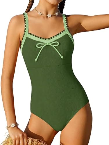 AMAWMW Girls' Swimsuit Adjustable Straps Padded Bathing Suit for 9-16y Teens Kids Swimwear Summer, Green, 13-14 Years - Image 1