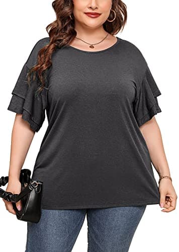 AusLook Plus Size Shirts For Women Gray 2X Tunic Double Ruffle Short Sleeve Blouses Crewneck Clothing Tee Ladies Clothes Flowy Dressy Casual Loose Fit Outfits Maternity Summer Tops - Image 1