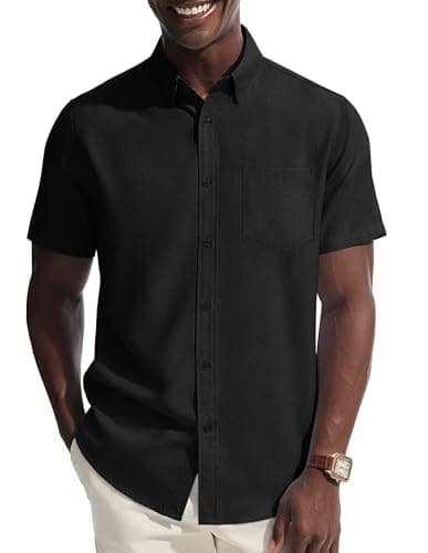 PJ PAUL JONES Mens Short Sleeve Casual Shirt Lightweight Button Down Shirts Black Dress Shirt Office M - Image 1