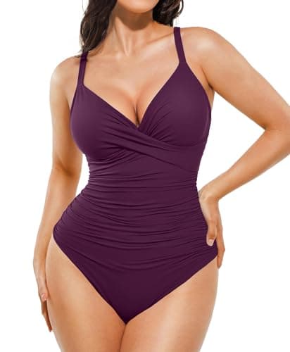 Popilush One Piece Swimsuit Women Tummy Control V Neck Ruched Shapewear Swimsuits Summer Beach Pool Vacation Purple - Image 1