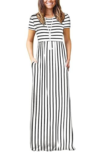 DEARCASE Long Dress for Women White Stripe X-Large Crewneck Short Sleeves Wedding Guest A-line Casual Loose Party Vintage Spring Summer Beach Maxi Dresses with Pockets - Image 1