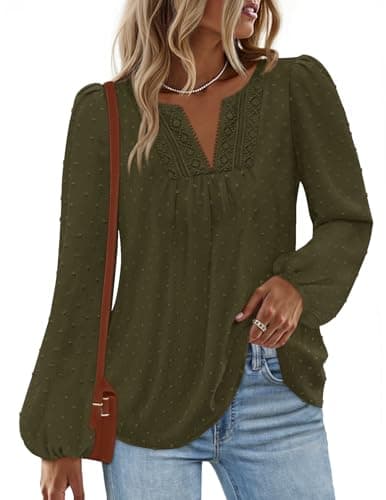 MEROKEETY Women's Fall Long Sleeve Blouse Shirt 2025 Dressy Casual Crochet Lace V Neck Swiss Dot Tops, ArmyGreen, X-Large - Image 1