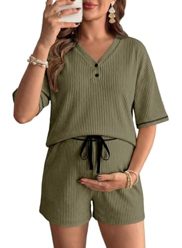BLENCOT Women's Maternity Lounge Set Nursing Pajamas Set Button V Neck Textured Tee Top and Shorts Pregnancy Summer Outfits Four Leaf Clover 2XL - Image 1