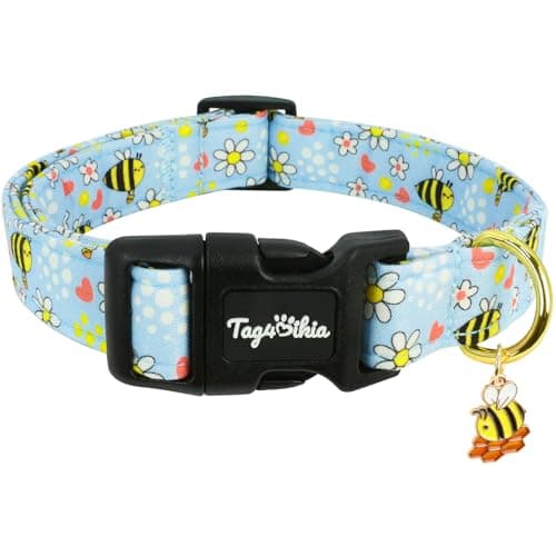 Tag4Oikia Dog Collars for Small Dogs, Dog Collar with Bees Flowers Pattern, Spring Summer Blue Dog Collar with Exquisite Pendant Adjustable Collars for Gifts for Puppy Small Dogs-S