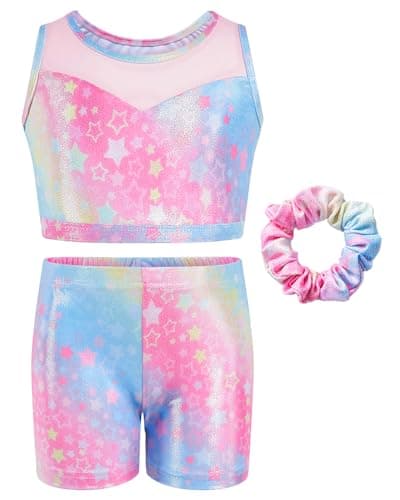 JiAmy Two Piece Gymnastics Leotards for Girls, Sleeveless Sparkly Dance Biketards with Shorts Ballet Tumbling Outfit Star Colored 8-9 Years - Image 1