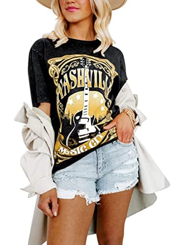 Binshre Womens Nashville Shirts Country Music Concert Tshirts Distressed Graphic Short Sleeve Tees for Women Black L - Image 1