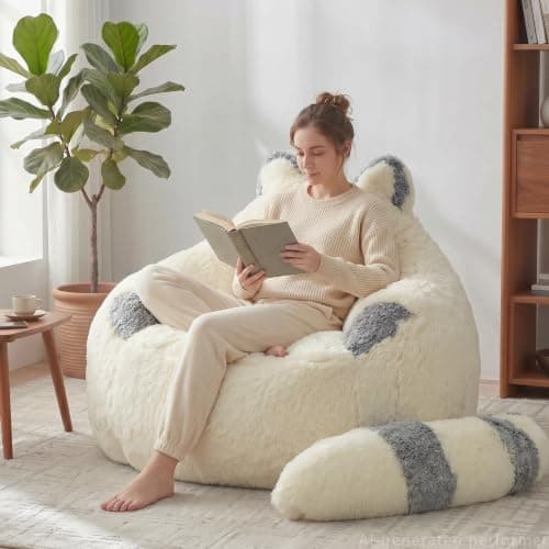 EBENCHICO Giant Bean Bag Chair for Adults Teens, Raccoon Shaped Faux Fur Bean Bag Sofa with Filler, Plush Beanbag Couch with Tail Pillow for Gaming, Reading, Bedroom, Dorm - Image 1