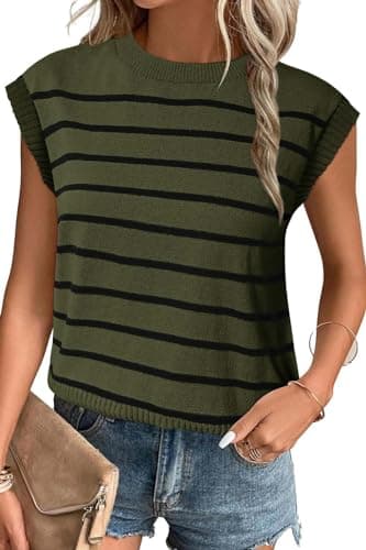 Arach&Cloz Womens Spring Summer Tops 2024 Cap Short Sleeve Striped Knit Fashion Casual Tank Sweaters Vest Clothes Army Green - Image 1