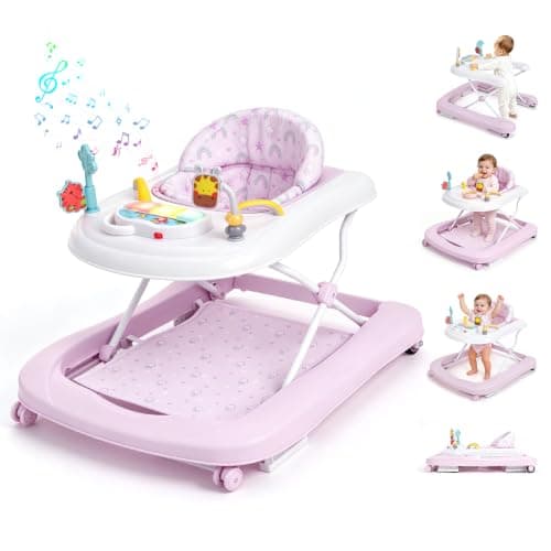 Baby Walker with Wheels, 5-in-1 Foldable Push Walker for Baby Girls 6-12 Months, Baby Walker & Bouncer Combo, Adjustable Height, Music Light Infant Activity Center Bouncer Walker(Pink) - Image 1
