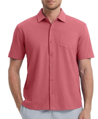 M MAELREG Mens Button Down Short Sleeve Shirt Lightweight Pique Collared Shirts for Men Summer Shirts with Pocket Rose - Image 1