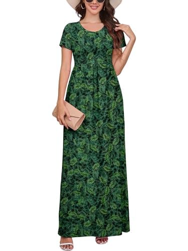 DEARCASE Women Floral Maxi Dress Flower Green Leaves X-Large Round Neck Boho Short Sleeve Sundresses A-line Casual Hawaiian Flowy Party Spring Summer Vacation Beach Long Dresses with Pockets - Image 1