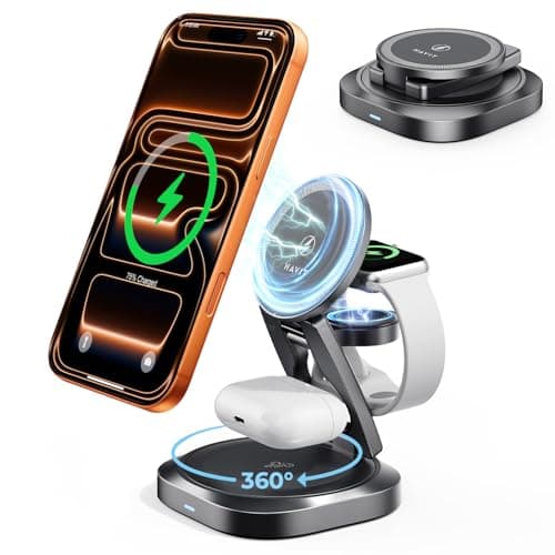 havit 3 in 1 Foldable Wireless Charging Station, Travel Magnetic Charger Stand for MagSafe-Compatible iPhone 17/16/15/14/13/12, Apple Watch and AirPods, 360° Rotating Portable Charger - Image 1