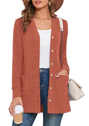 Heymoments Women's Long Sleeve Open Front Cardigan Pumpkin Mediun Button Down Ladies Loose Sweater 2026 Fall Winter Lightweight Knit Outerwear Coat with Pocket - Image 1