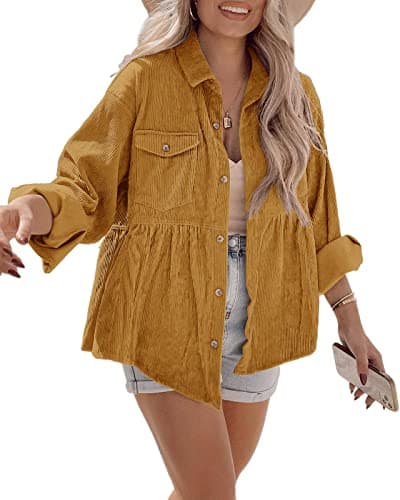 Tutorutor Womens Corduroy Shirts Casual Long Sleeve Button Down Blouses Tunic Babydoll Dress Loose Pocket Jacket Shackets Yellow - Image 1