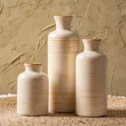 Ceramic Vases Set of 3, Minimalist Decorative Flower Vases for Farmhouse Home Decor, Table Shelf Mantel, Living Room, Entryway, Kitchen Centerpiece – Minimalist Neutral - Image 1