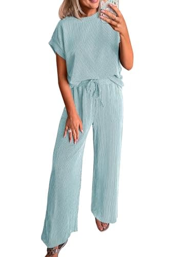 KIRUNDO 2 Piece Sets for Women Dressy Casual Ribbed Knit Short Sleeve Tops Wide Leg Pants Lounge Set Travel Airport Outfits(Aqua Blue, Small) - Image 1