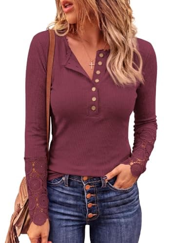 BTFBM Women Long Sleeve Shirts Spring Solid Button Up V Neck Lace Long Sleeves Slim Fit Knit Casual Fall T-Shirts 2026(Wine Red,Small) - Image 1