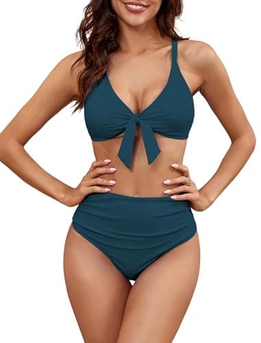 ZAFUL High Waisted Bikini Sets for Women Tummy Control Swimsuits Tie Knot High Rise 2025 Two Piece Bathing Suits (Large, Teal) - Image 1