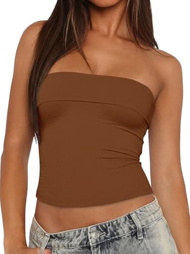 Tankaneo Womens Strapless Tube Tops Cropped Y2K Going Out Fitted Tank Tops Summer Trendy Layered Bandeau Shirts Brown - Image 1