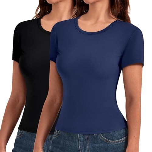 Leafigure 2 Pack Womens Basic T Shirts, Crewneck Slim Fit Tees Short Sleeve Tops for Casual Summer Outfits 2026 Black/Navy Medium - Image 1