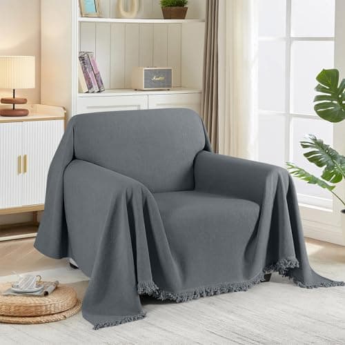 TAOCOCO Couch Cover, Couch Cover Blanket for Sofa, Thick Durable Throw for Sectional Couch, Washable Furniture Protector for Dogs Kids, Tassel Trim, 71''x71'' Dark Grey - Image 1