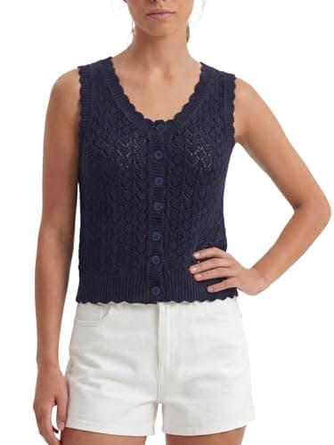 Winnim Sweater Vest Crochet Tops for Women, Button Down Sleeveless Cardigan Sweaters for Women Hollow Out Knit Tank Top, Grey Blue, Medium - Image 1