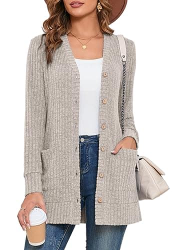 Heymoments Women's Long Sleeve Open Front Cardigan Apricot Small Button Down Ladies Loose Sweater 2026 Fall Winter Lightweight Knit Outerwear Coat with Pocket - Image 1