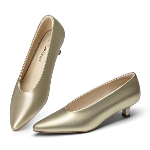 Athlefit Women's Closed Pointed Toe Low Kitten Heels 1.5-Inch Comfortable Dress Pumps Shoes for Wedding Party Office Gold Size 6, AD01064