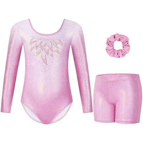 Gogokids Gymnastics Leotards for Girls Long Sleeve Sparkly Rhinestone Dance Unitards Biketards with Shorts, A-pink, 9-10 Years - Image 1