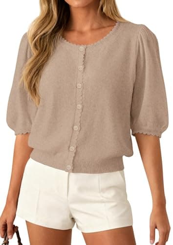PRETTYGARDEN Puff Short Sleeve Cardigans for Women Lightweight 2026 Summer Shirts Button Up Knit Sweater Tops Spring Clothes (Khaki,Medium) - Image 1
