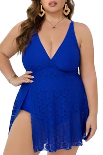 COCOPEAR Tankinis Plus Size Swimsuit for Women Mesh Tankini Tops High Waisted Bikini Bottoms Sexy Tummy Control Swimsuit Sapphire Blue - Image 1