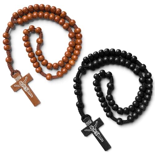 2Pcs Small Wood Rosary Necklace – Wooden Cross Necklaces for Men and Women with Tan or Black Beads, 22" Length and 6" Drop – Lightweight Cross Accessory for Daily Wear, Layering, Prayer or Gifting - Image 1