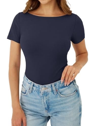 GKBK Boat Neck Tops for Women Ribbed Short Sleeve T-Shirts Slim Fitted Tight Compression Top Soft Y2K Basic Casual Going Out Tops for Spring Summer 2026 Trendy Fashion Outfits Navy Blue - Image 1