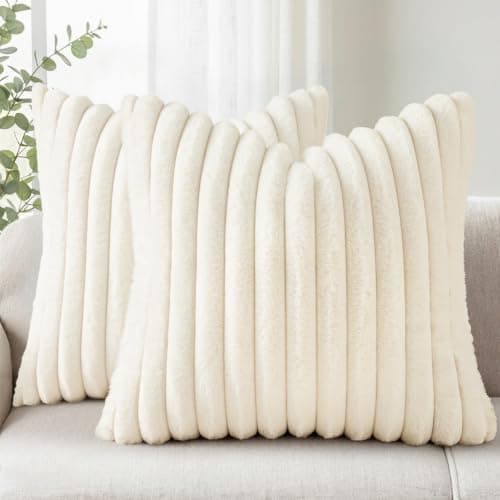 Simmore Faux Fur Couch Throw Pillow Covers 18x18 Set of 2, Decorative Soft Striped Plush Pillow Covers with Velvet Back for Sofa Bed Living Room, Cream White - Image 1