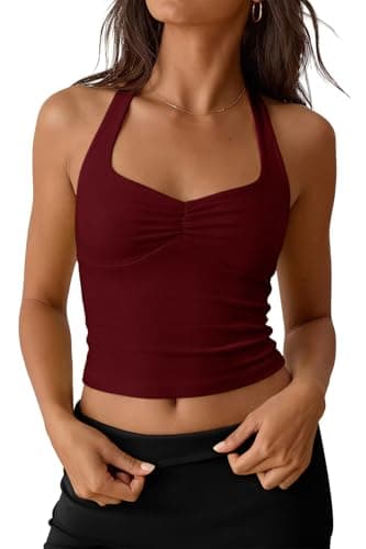 YURIONA Women's Halter Tank Tops Sweetheart Neckline Crop Backless Cami Shirts 2026 Summer Going Out Y2K Tops Burgundy S - Image 1