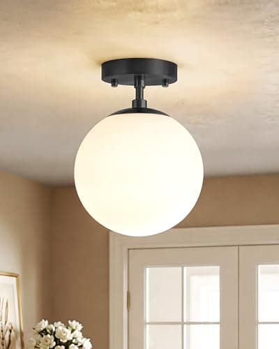Majade Semi Flush Mount Ceiling Light 6" Globe Mid Century Modern Light Fixture Milk Glass with Matte Black Finish Light Fixtures for Hallway Entryway Kitchen Island Closet Laundry Bathroom(2 Pack) - Image 1