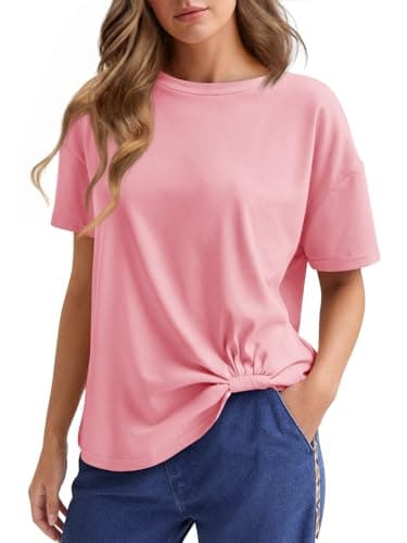 Cicy Bell Womens Summer Short Sleeve Tops Casual Crew Neck T-Shirts Loose Fit Twist Front Basic Tees Pink - Image 1
