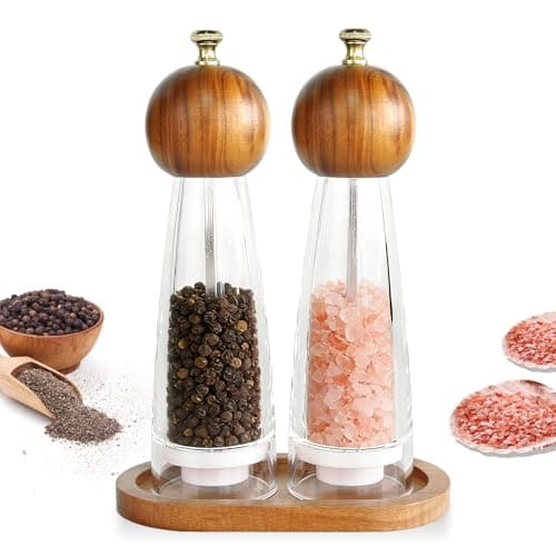 Acacia Wood & Acrylic Salt and Pepper Grinder Set with Base for Kitchen & Dining – 8-Inch Refillable Mills with Ceramic Core, Adjustable Coarseness,Gift for Cooking Enthusiasts - Image 1