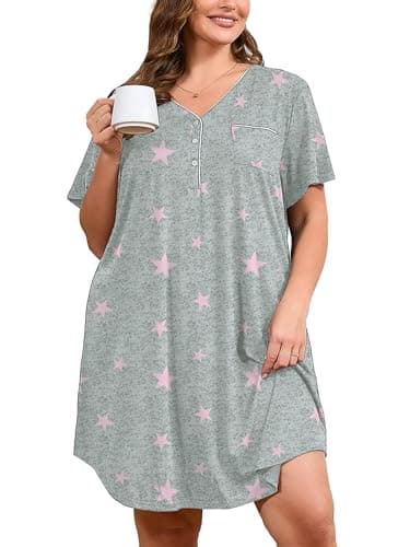 AusLook Plus Size Floral Nightgown for Women Midi Sleep 5X Dress Short Sleeve V Neck Flowy Lounge House Dress Casual Printed Night Dress - Image 1