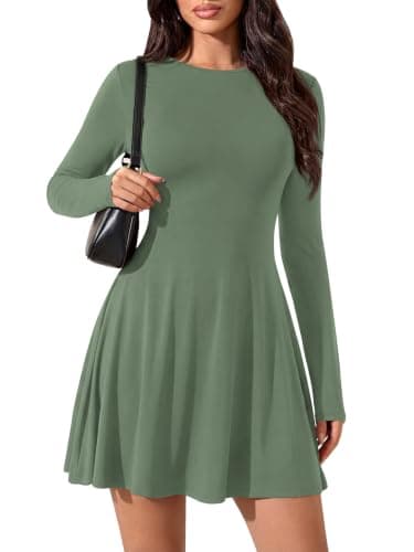 PRETTYGARDEN Women's Long Sleeve Flowy Mini Dress with Tie Waist, Soft Stretchy Fitted A-Line Dresses for Early Fall Fashion (Sage Green, Large) - Image 1