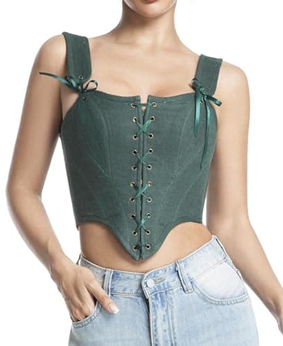 Grodress Renaissance Corset Vest Tops for Women Linen Overbust Bustier Bodice Sleeveless Drawstring Crop Lace Up - Image 1