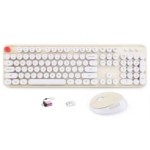 HotFox Wireless Keyboard and Mouse Combo, Full-Size Retro Typewriter Keyboard with Round Keycaps, Ergonomic Design for Windows PC, Home and Office Use - Cream - Image 1