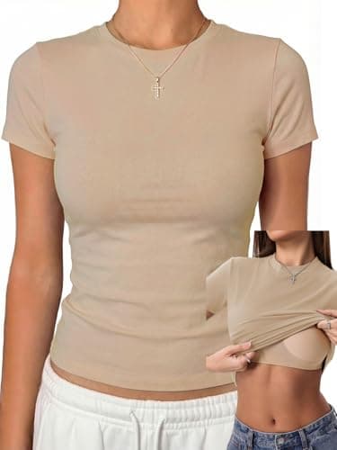 Danysu Women's Nude Built in Bra Cotton Jersey Going Out Crop Tops with Fitted Short Sleeve Crewneck Shirts Khaki Large - Image 1