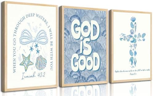 3Pcs Coastal Christian Wall Art Coastal Granddaughter Blue Seashell Bible Verse Pictures Wall Decor Preppy Christian Scripture Aesthetic Posters Prints for Girly Bedroom Dorm Unframed 12x16in - Image 1