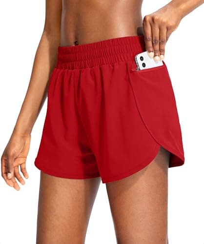 Soothfeel Womens Running Shorts with Zipper Pockets 3" High Waisted Athletic Gym Workout Shorts for Women with Liner Red, M - Image 1