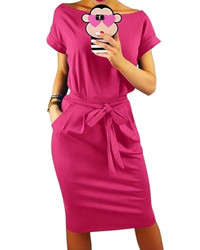 PRETTYGARDEN Women's Summer Short Sleeve Crewneck Striped Dress Basic Solid Tie Waist Office T Shirt Dresses Pockets(Rose Red,Medium) - Image 1