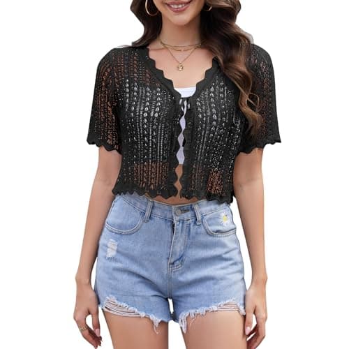Womens Lightweight Short Sleeve Cardigan Trendy Knit Hollowed-Out Y2k Cropped Tie-Front Shrugs for Dresses Pants Shorts Black - Image 1