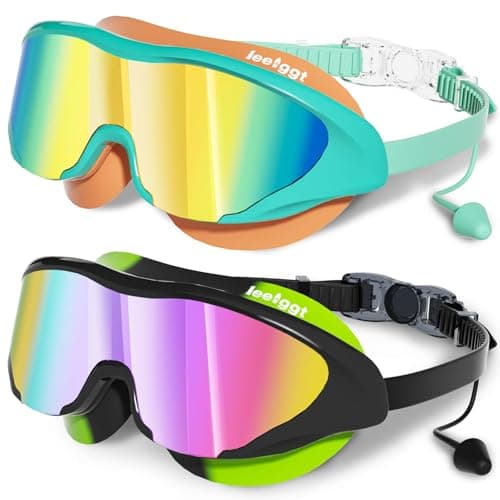 LEEIGGT Swimming Goggles for Kids 8-14, 2 Pack Anti Fog UV Kids Swim Goggles with Ear Plugs Attached